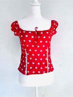 Moschino Red Heart Print Cap Sleeve Top